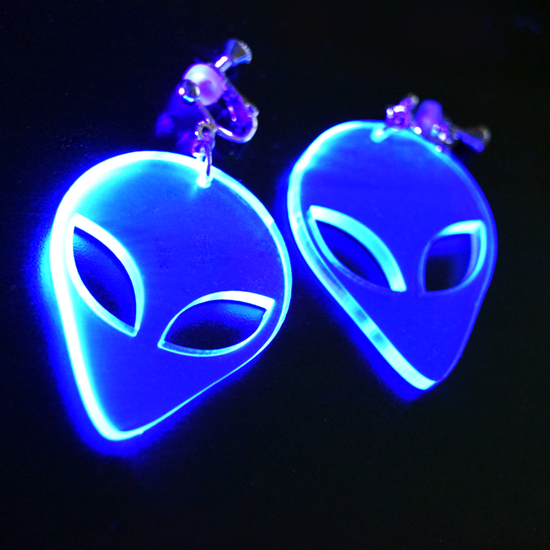 blue alien earrings with clip on backings - part of the Pyromaniax launch collection