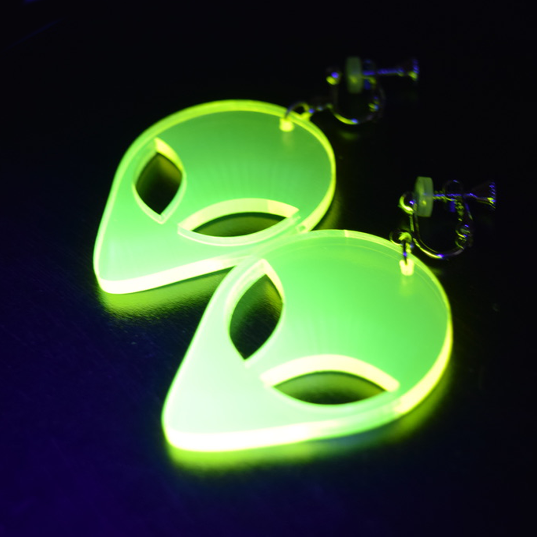 yellow alien earrings with clip on backings - part of the Pyromaniax launch collection